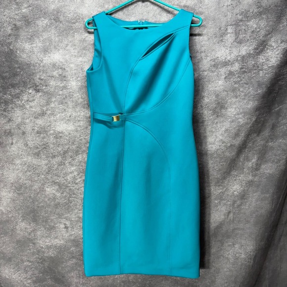 Calvin Klein Dresses & Skirts - Calvin Klein Scuba Knit Sheath Dress Size 10 Teal Blue Buckle Cut Out Career